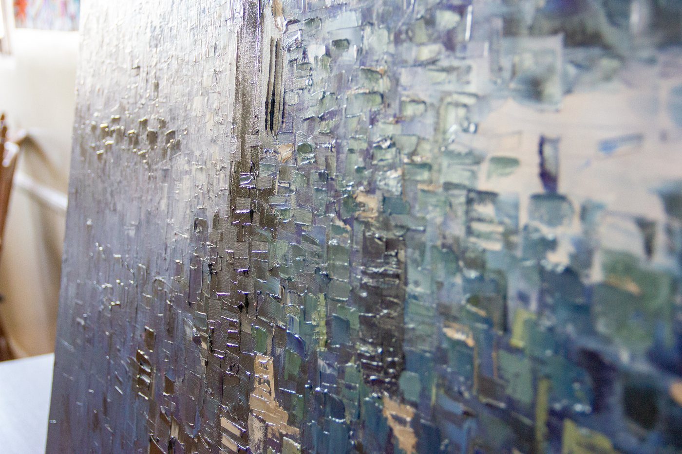 Stand-in journal still, WIP002: thick strokes of grey and blue paint. Not the final video still.
